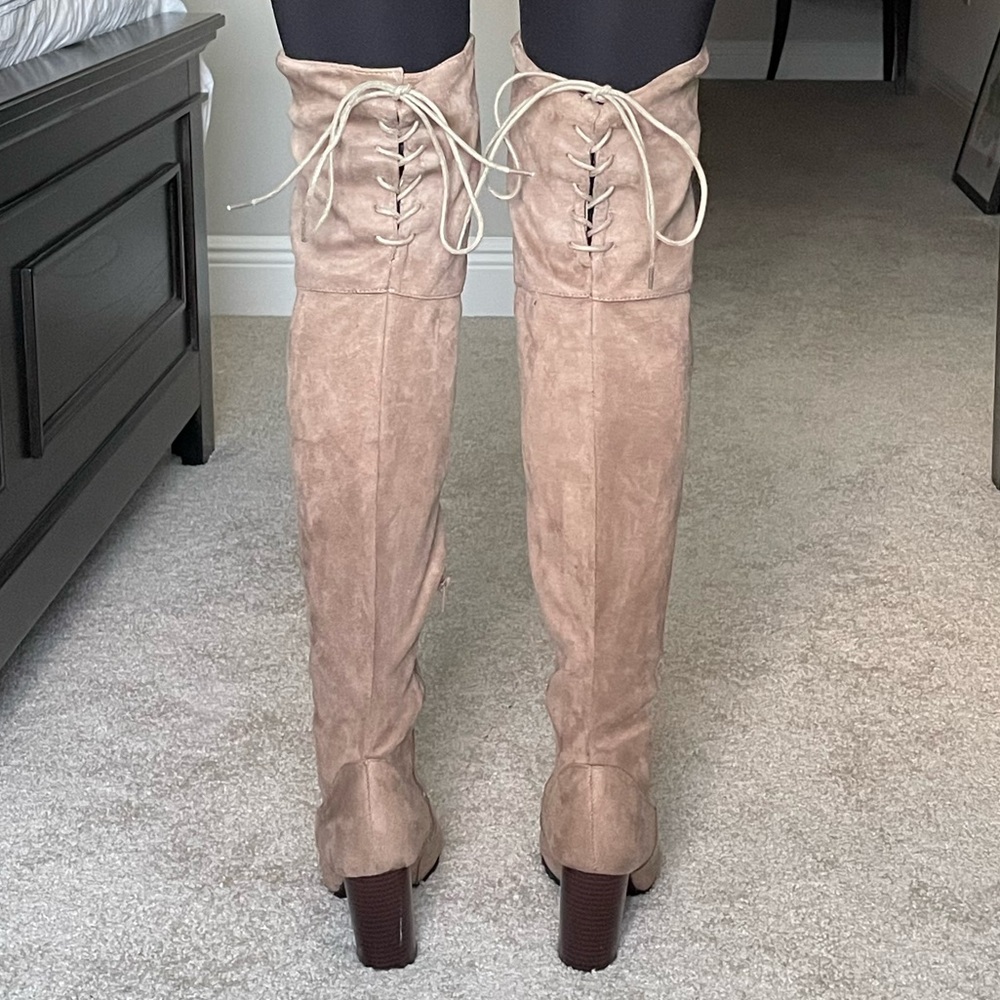 Qupid Taupe Over-the-Knee Suede Block Heel Boots - Picture 3 of 11